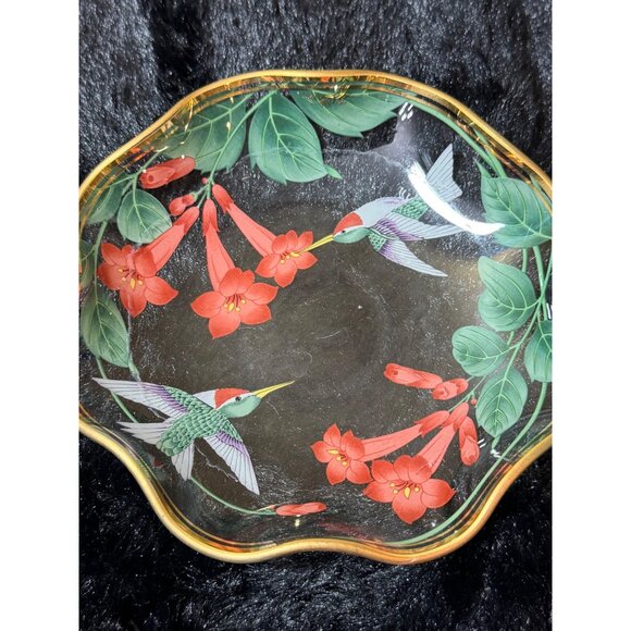 Vintage 1991 Lefton Glass Bowl With Hummingbirds & Flowers Ruffle Gold Edge - Picture 1 of 7